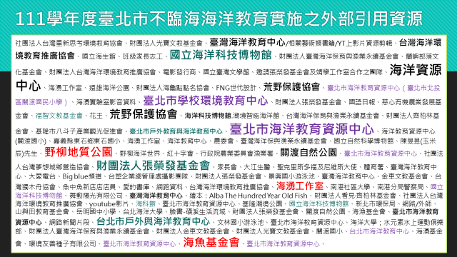 111學年度臺北市不臨海海洋教育實施之外部引用資源